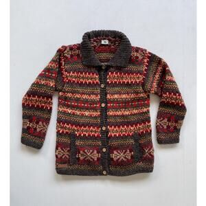 PACHAMAMA Chunky Hand Knit Wool Button Up Collared Cardigan Sweater / L / Boho